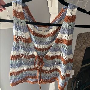 Ultra Flirt blue, white and rust Crop Tie Front Tank Top